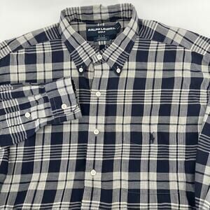 VTG Polo Ralph Lauren Golf Tilden Button Down Shirt Mens L Blue Cream Plaid Prep
